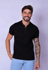 Camiseta Slim Gola Padre zíper Preta - CW STORE